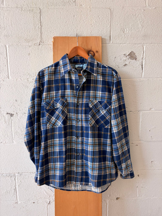 Vtg Fieldmaster Blue Plaid Button Down : L