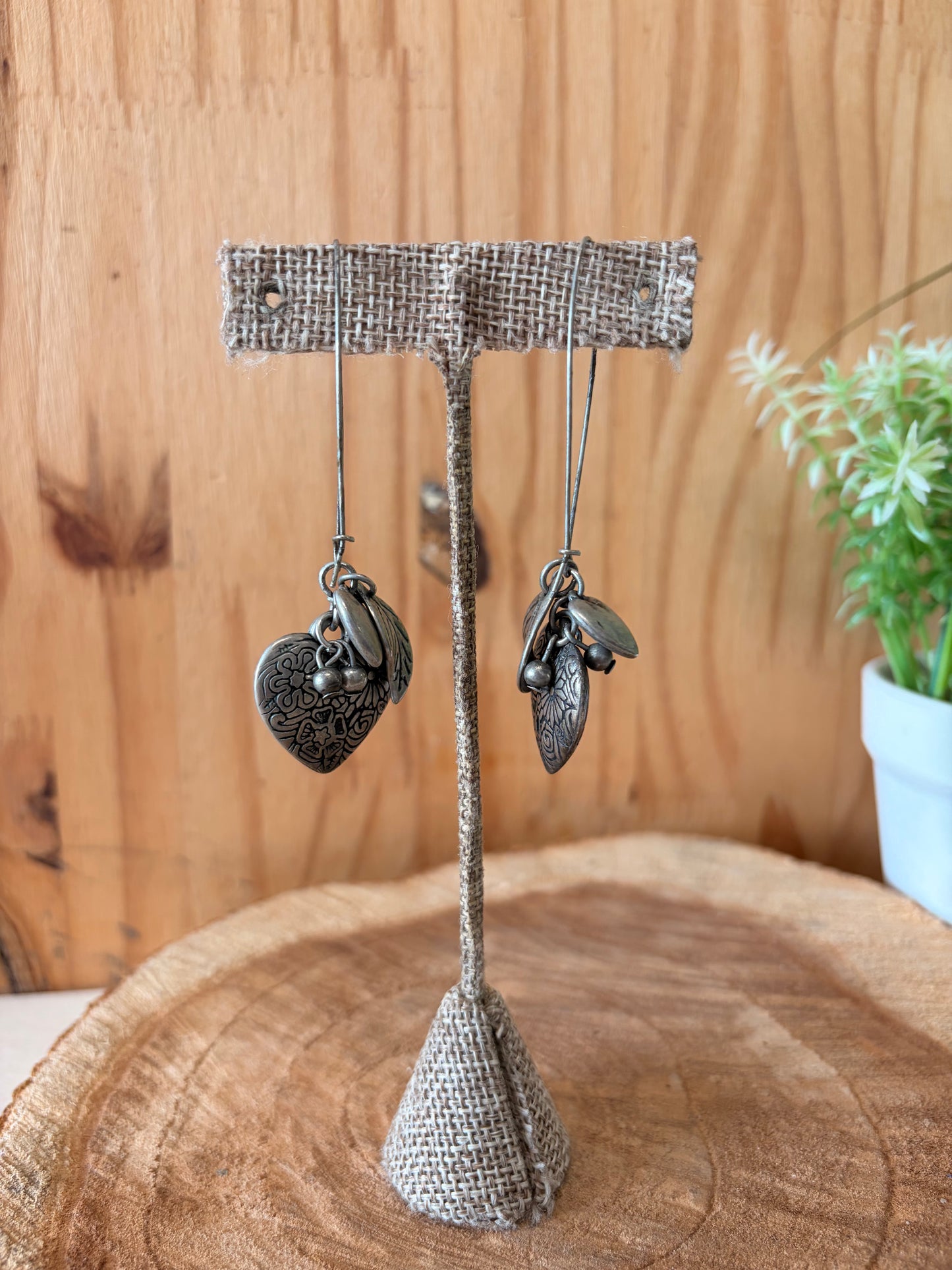 Silver Tone Charmed Heart Drop Earrings