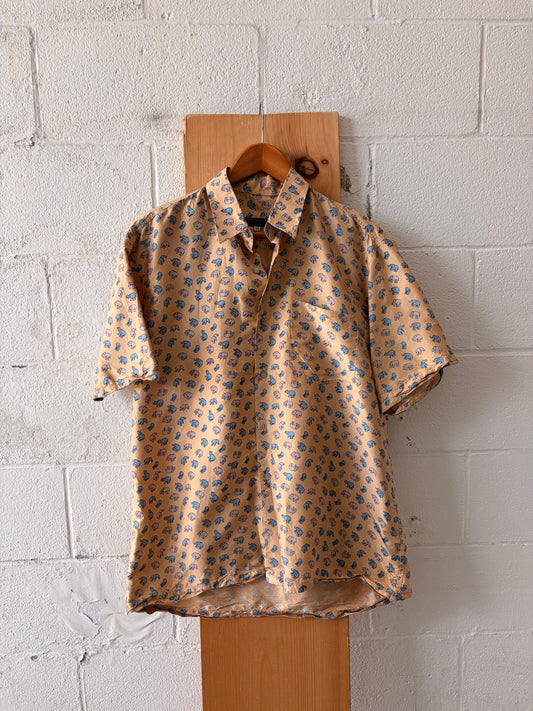 Thai Silk Elephant Print Button Down : XL