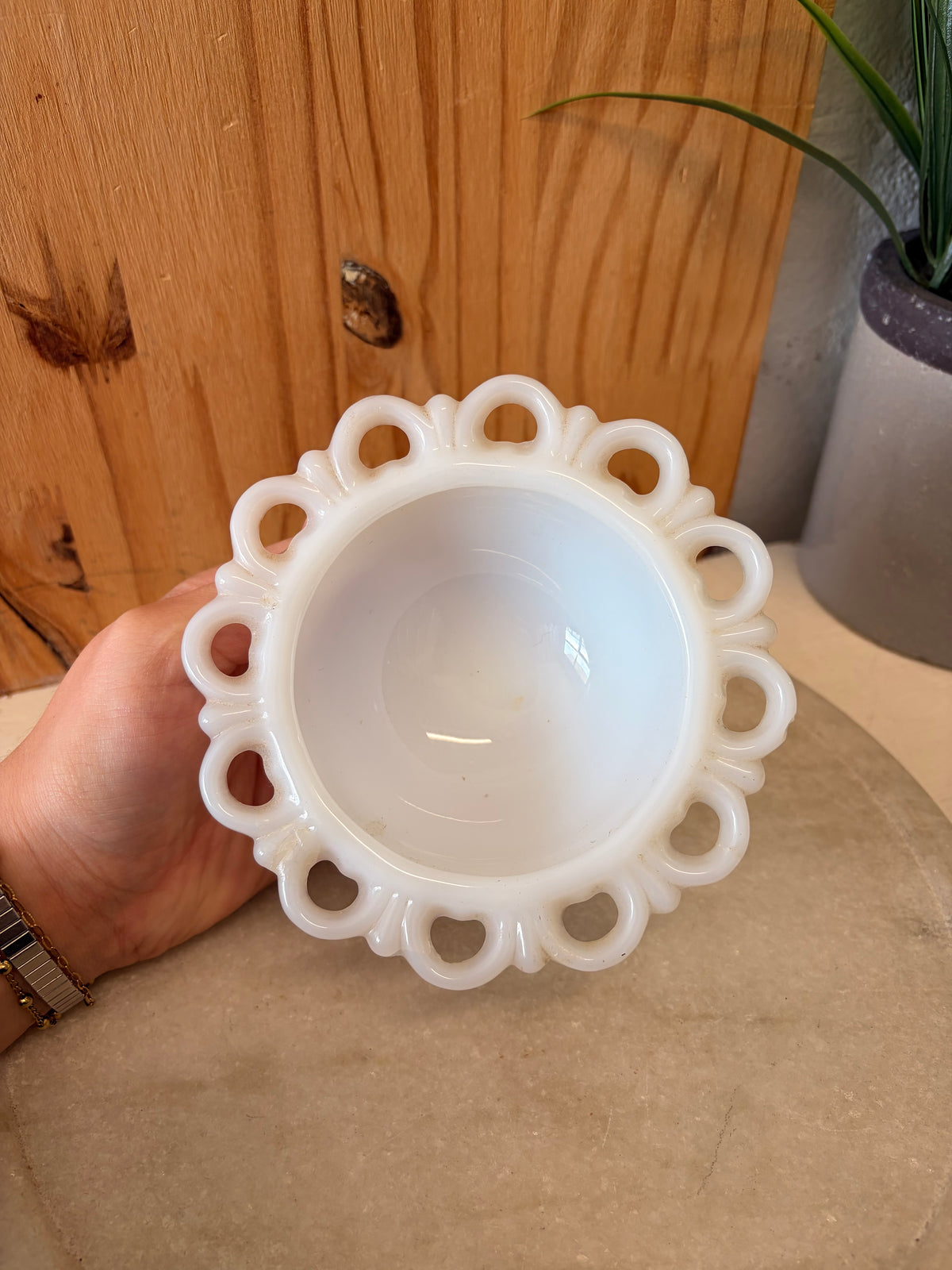 Little Scalloped Milk Glass Pedestal Dish (Local Pick Up Only)
