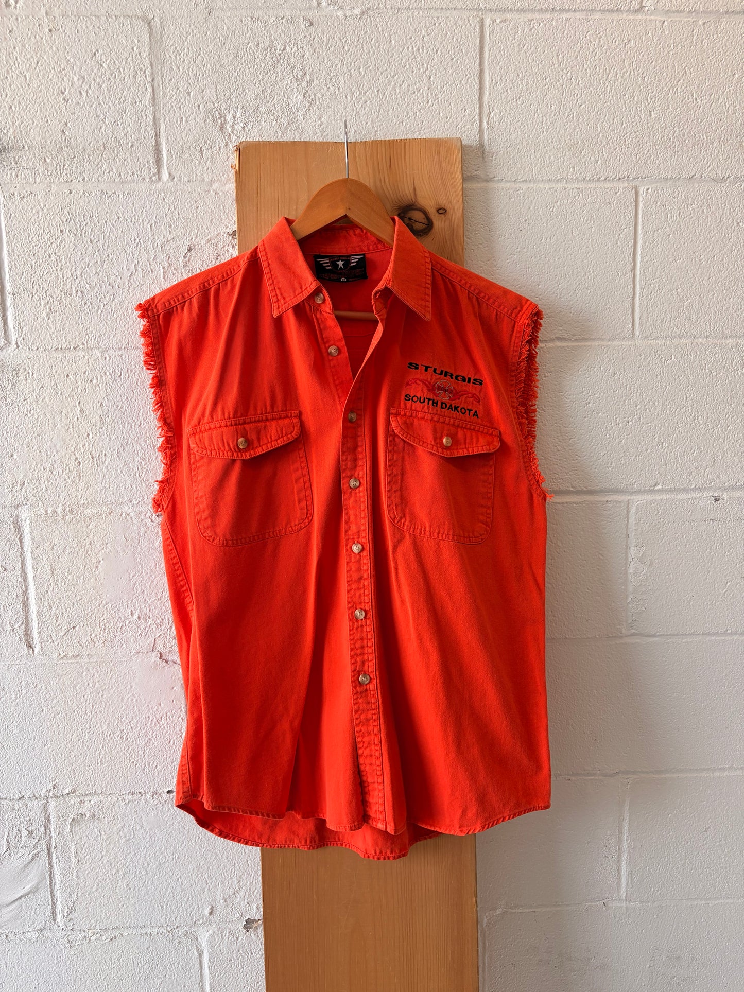 ‘01 Orange Sturgis Biker Cut Off Vest : M