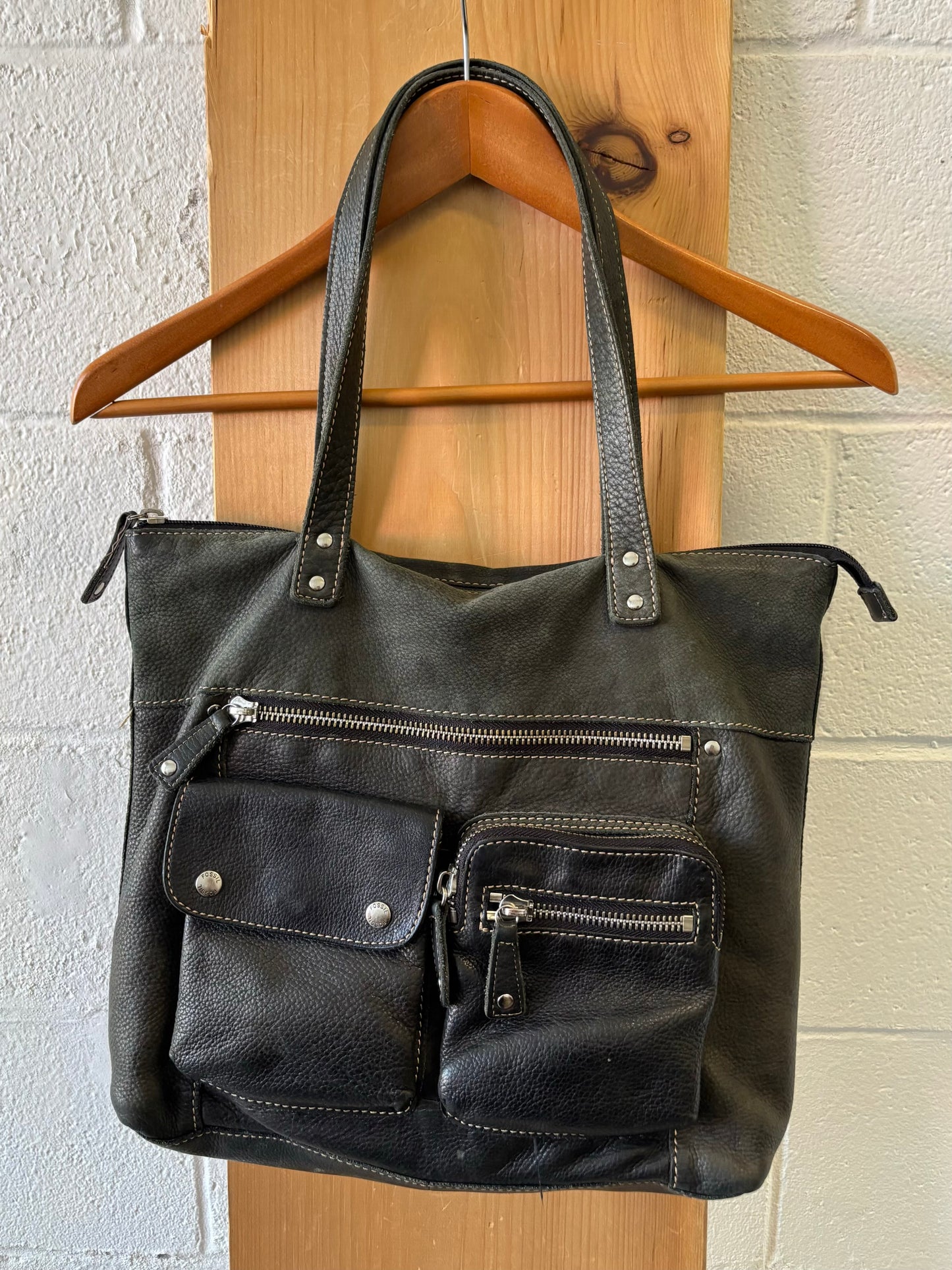 Black Pebbled Leather Fossil Bag