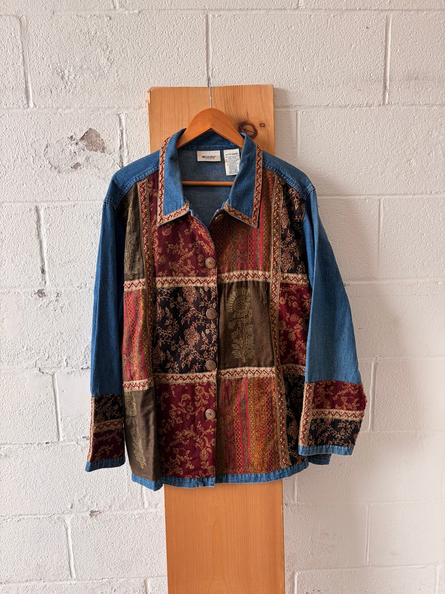 Vtg Tapestry Patchwork Denim Button Up : 3X