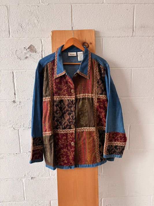 Vtg Tapestry Patchwork Denim Button Up : 3X