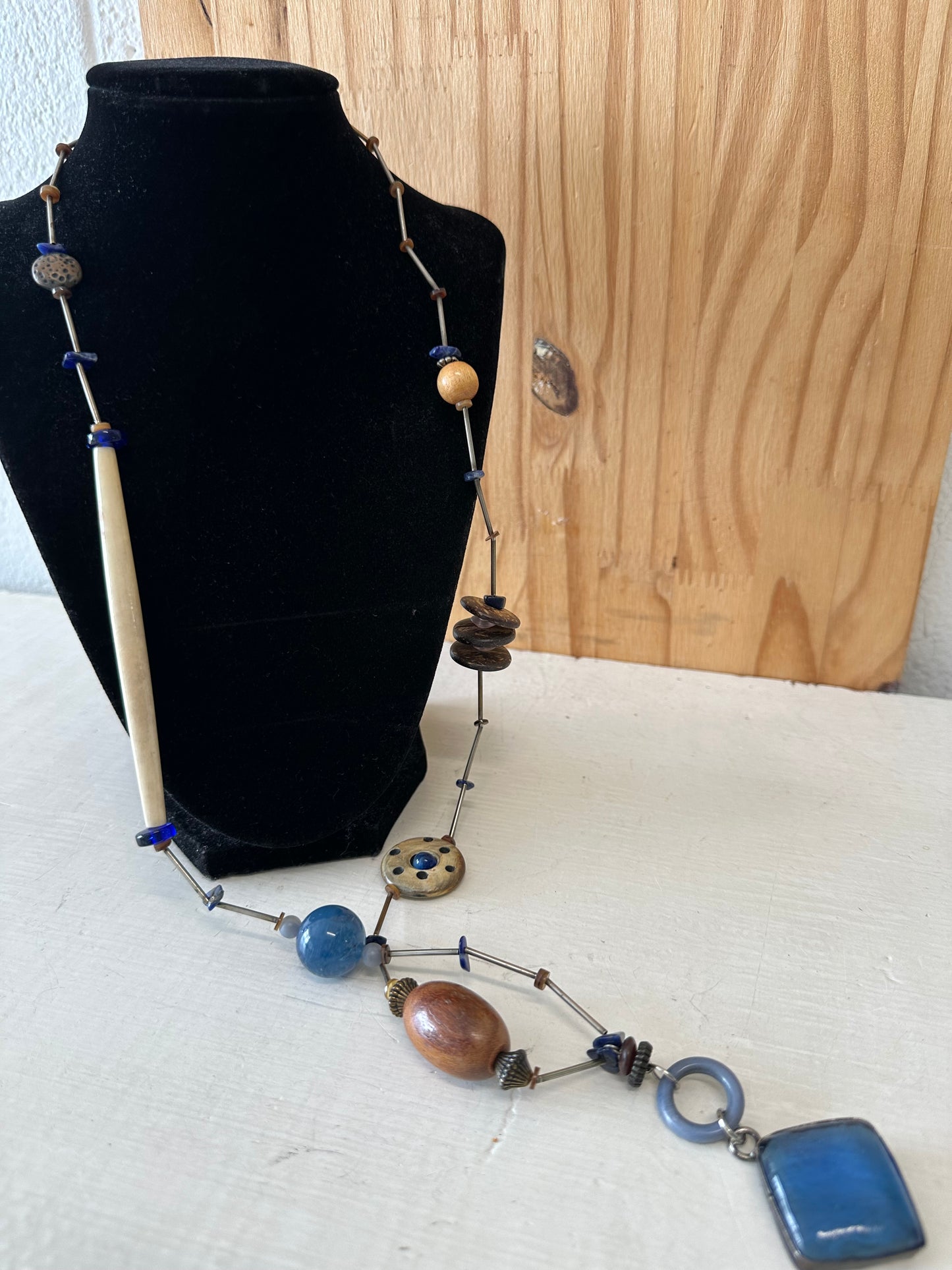 Unique Blue and Wood Bead Necklace