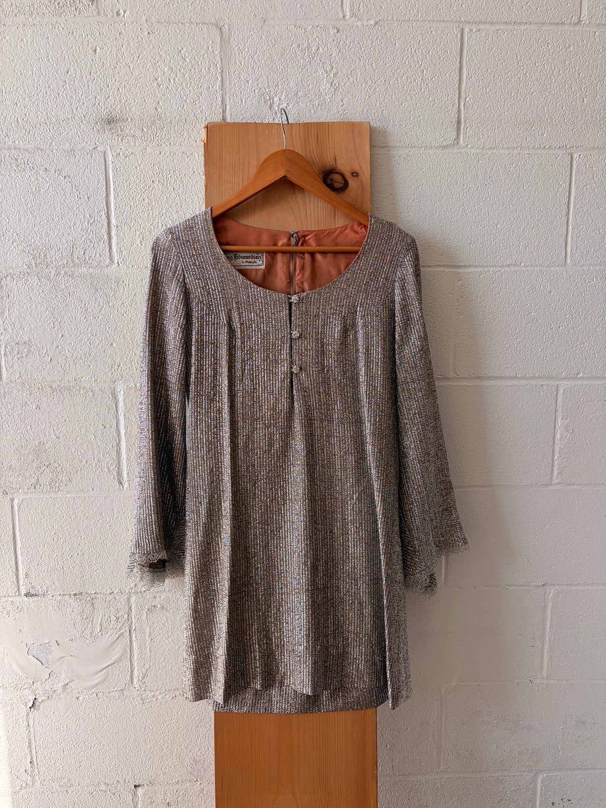 Vtg Young Edwardian Metallic Bell Sleeve Dress : S