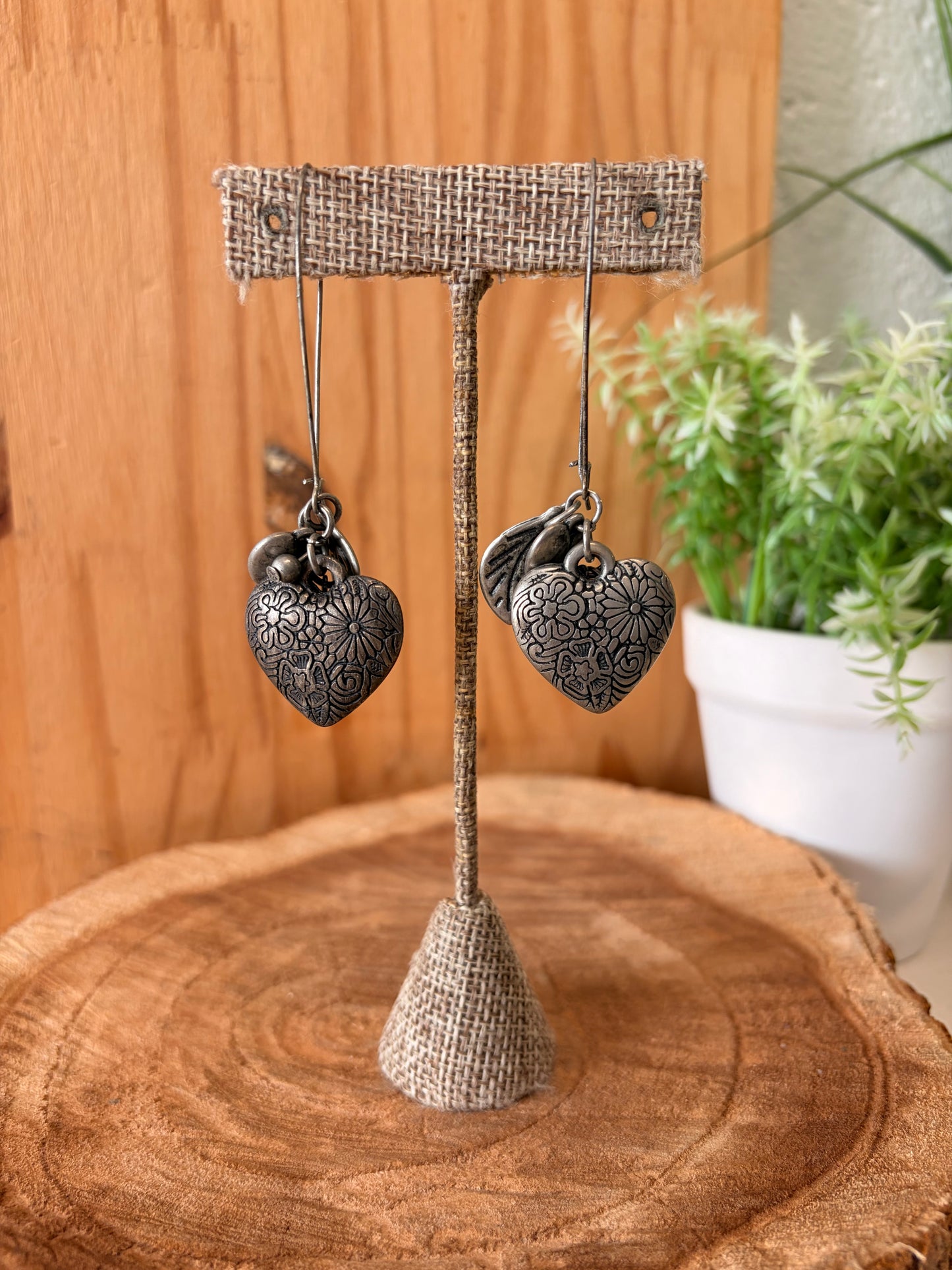 Silver Tone Charmed Heart Drop Earrings