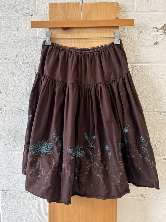 Vtg Embroidered Brown Skirt : S