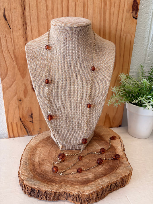 Long Amber & Gold Tone Beaded Necklace