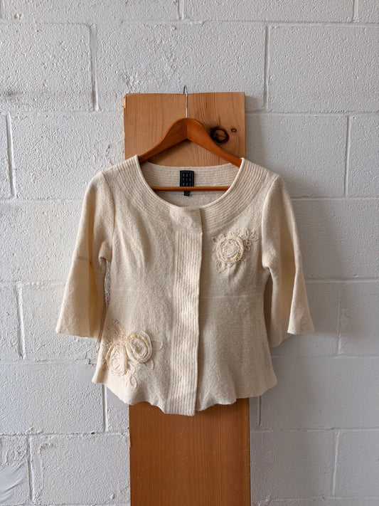 Floral Ivory Wool Cardigan : M