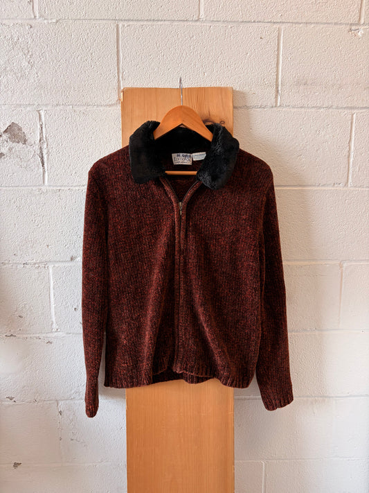 Faux Fur Collared Zip Up Sweater : L