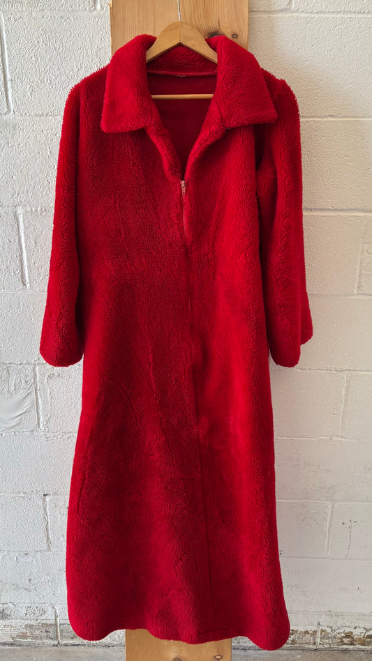 Vtg Red Fleece House Coat  : L