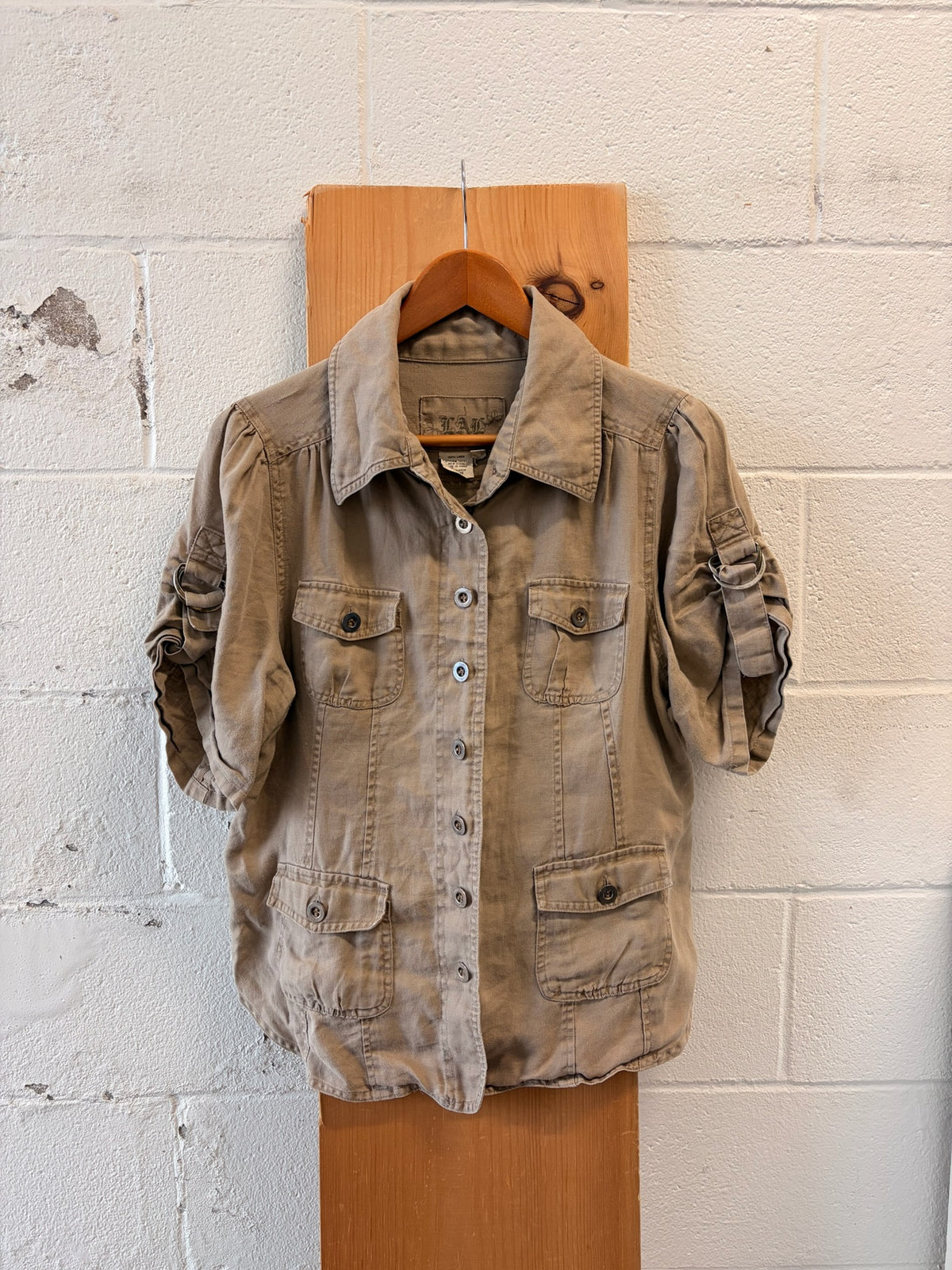 Khaki Linen Short Sleeve Shirt : Petite L
