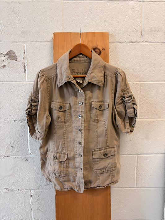 Khaki Linen Short Sleeve Shirt : Petite L
