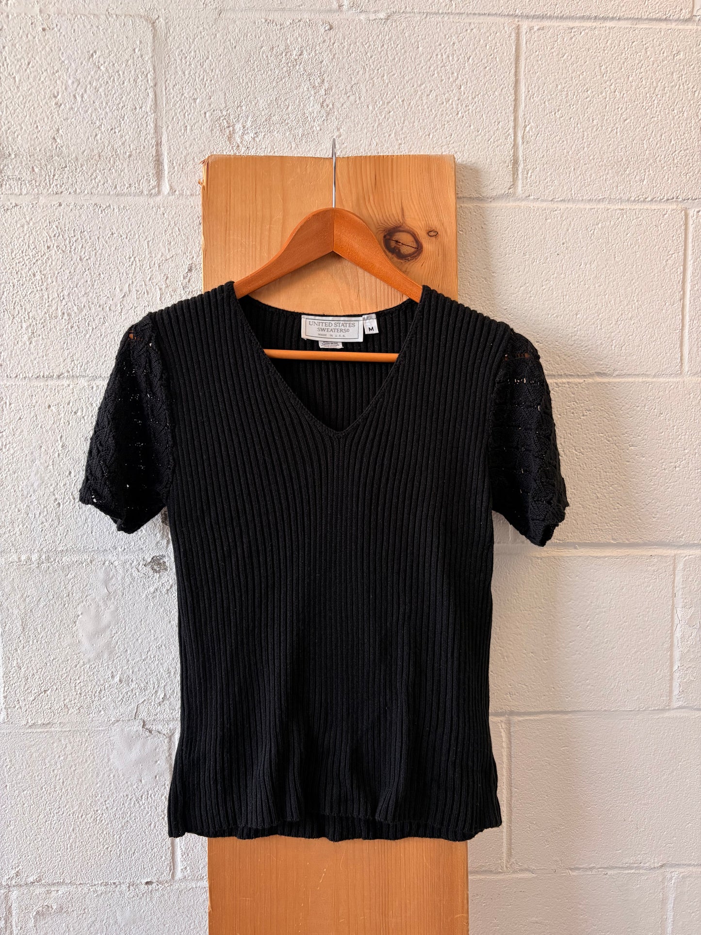 Black Knit Crochet Sleeve Top : M