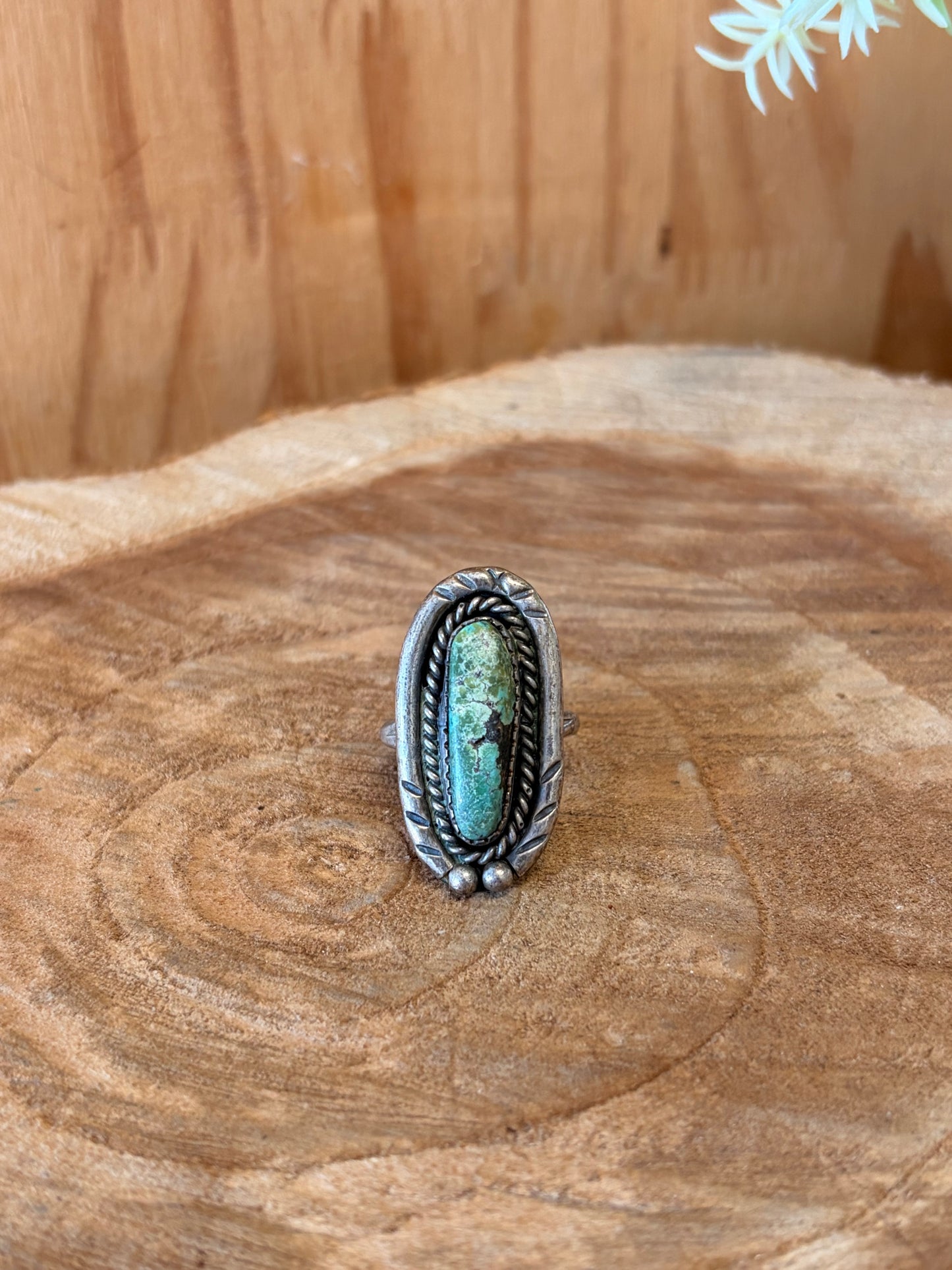 Elongated Blue & Green Marbled Boho Ring : Size 7