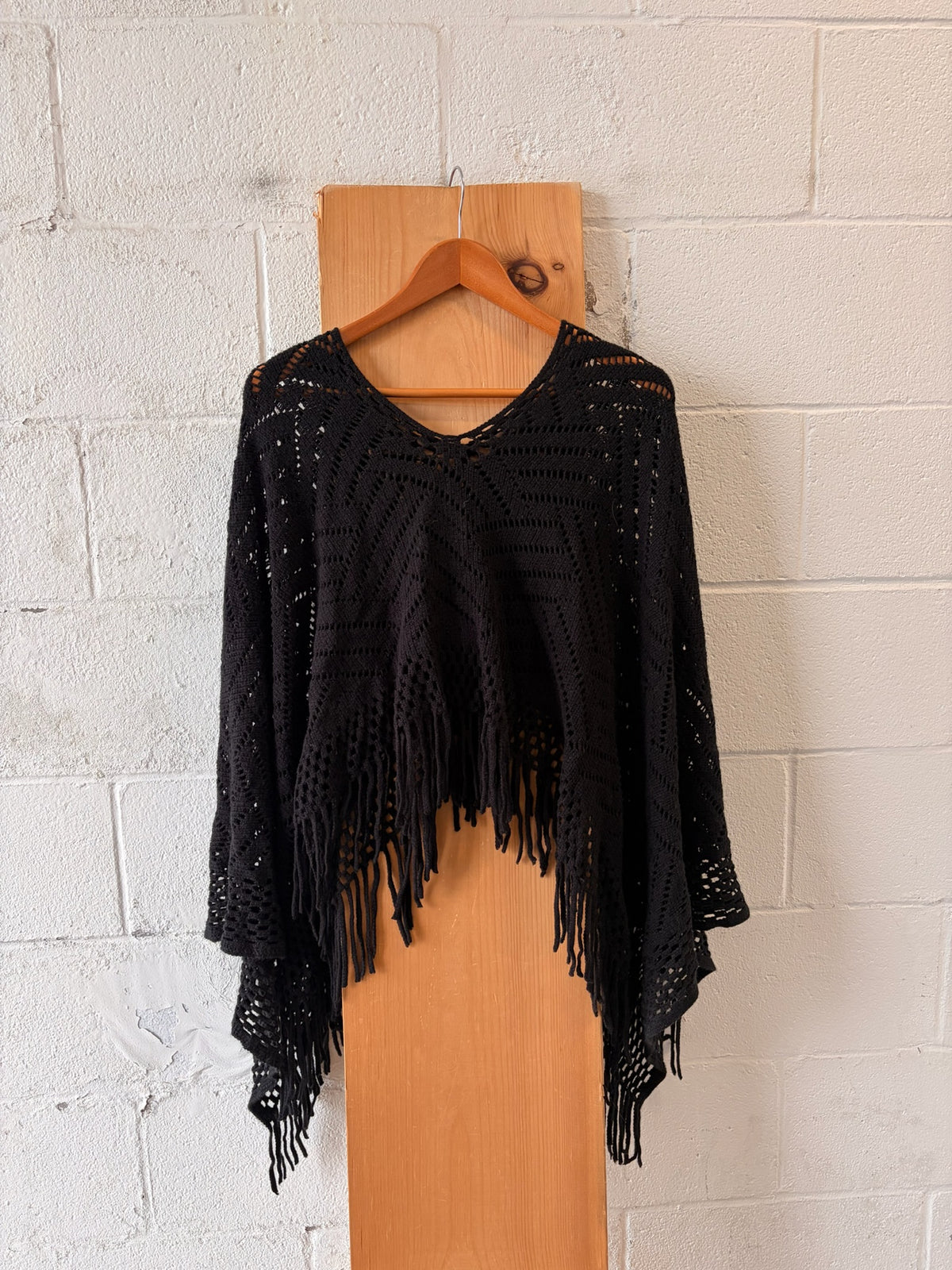 Black Open Knit Fringe Poncho