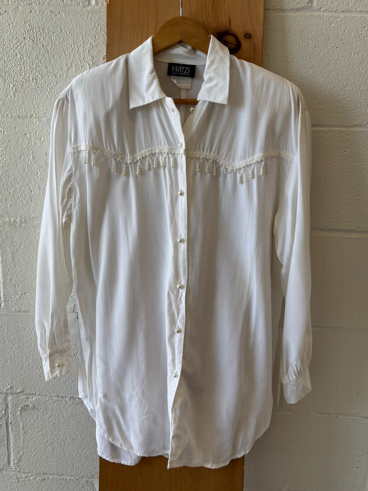 Vtg White Button Down with Beaded Fringe : M