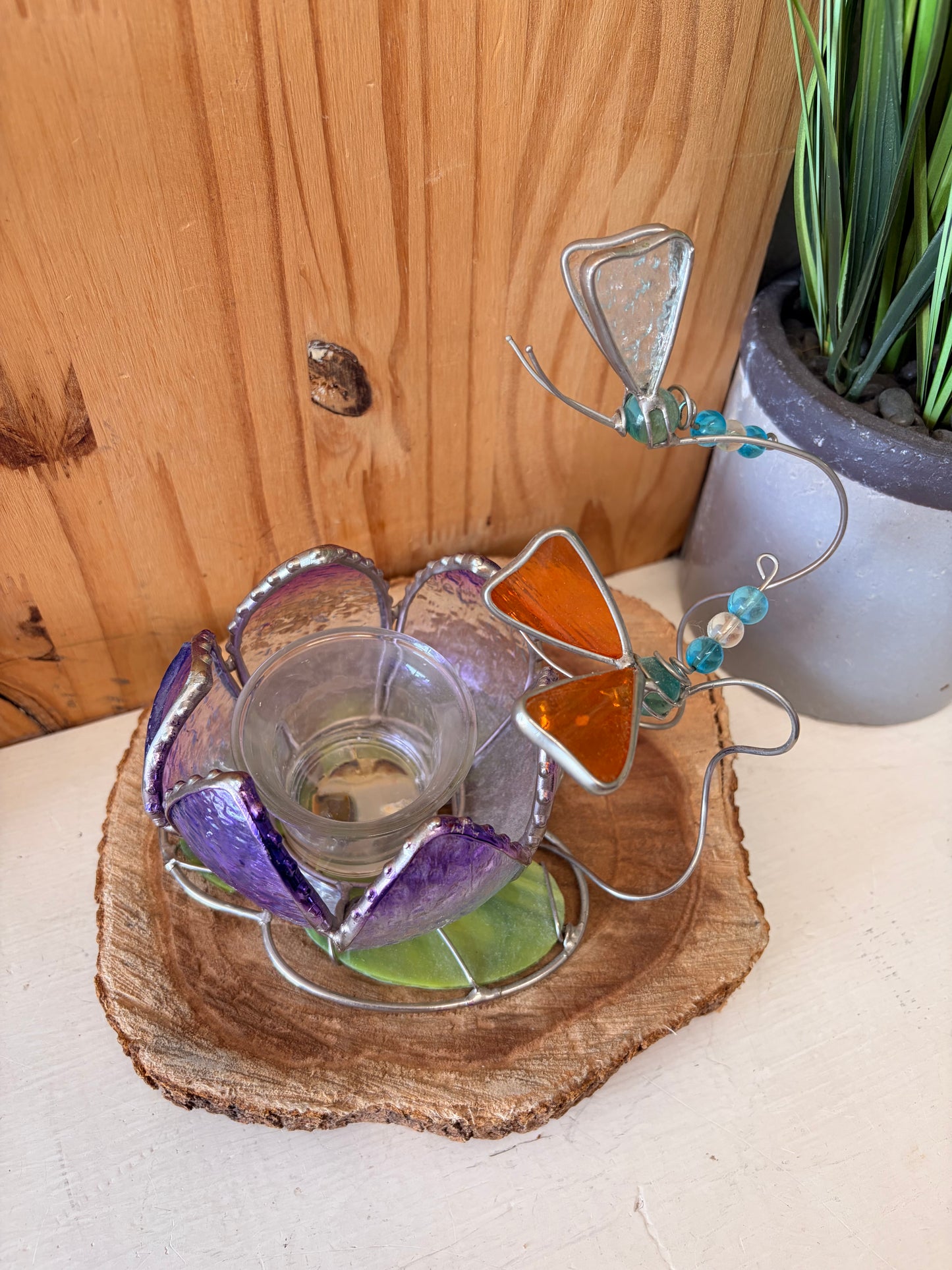 Glass Lotus & Dragonfly Votive Candle Holder (Local Pick Up Only - As Is)