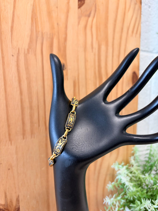 Vtg Damascene Gold Tone Bird Motif Bracelet