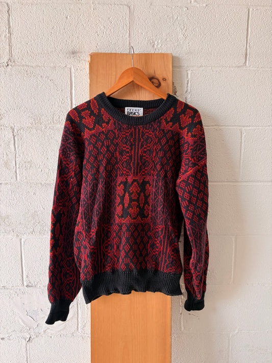Vtg Patterned Red & Black Sweater : M