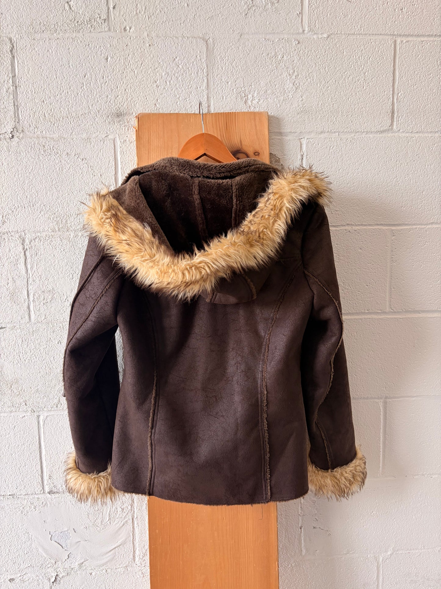 Brown Faux Leather & Fur Trimmed Jacket : M