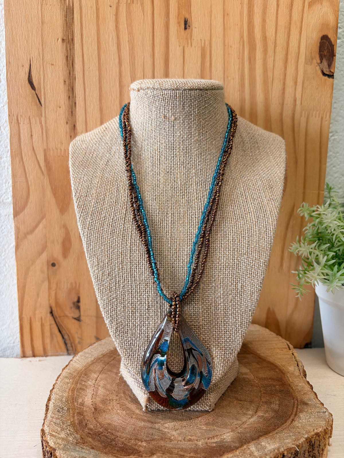 Brown & Teal Teardrop Glass Pendant Necklace