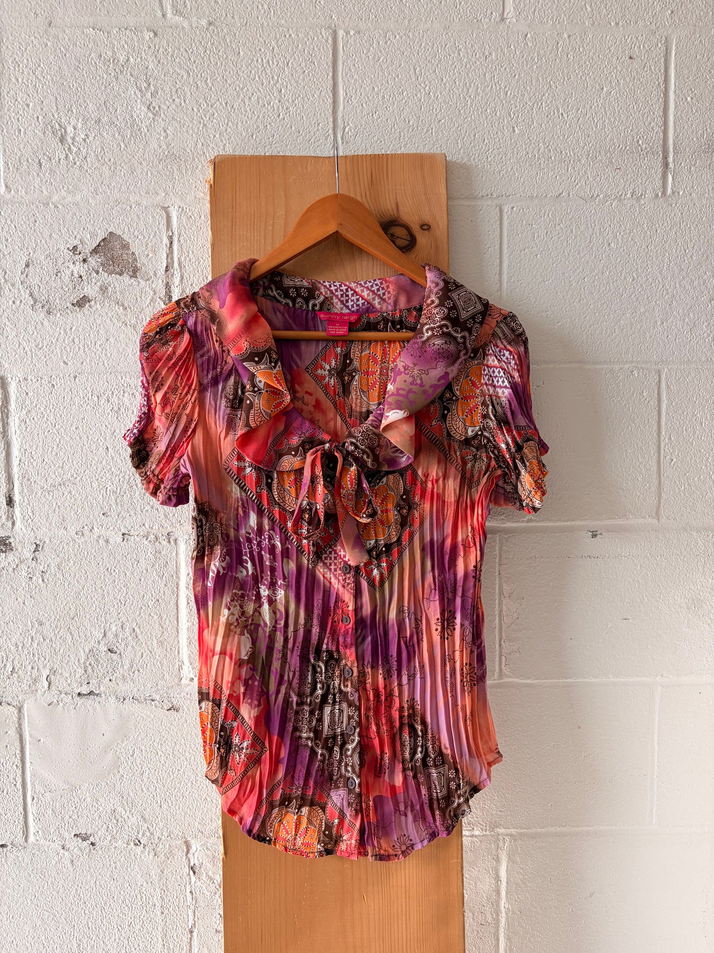 Pink & Brown Pleated Paisley Blouse : M
