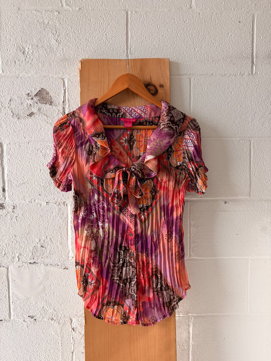 Pink & Brown Pleated Paisley Blouse : M