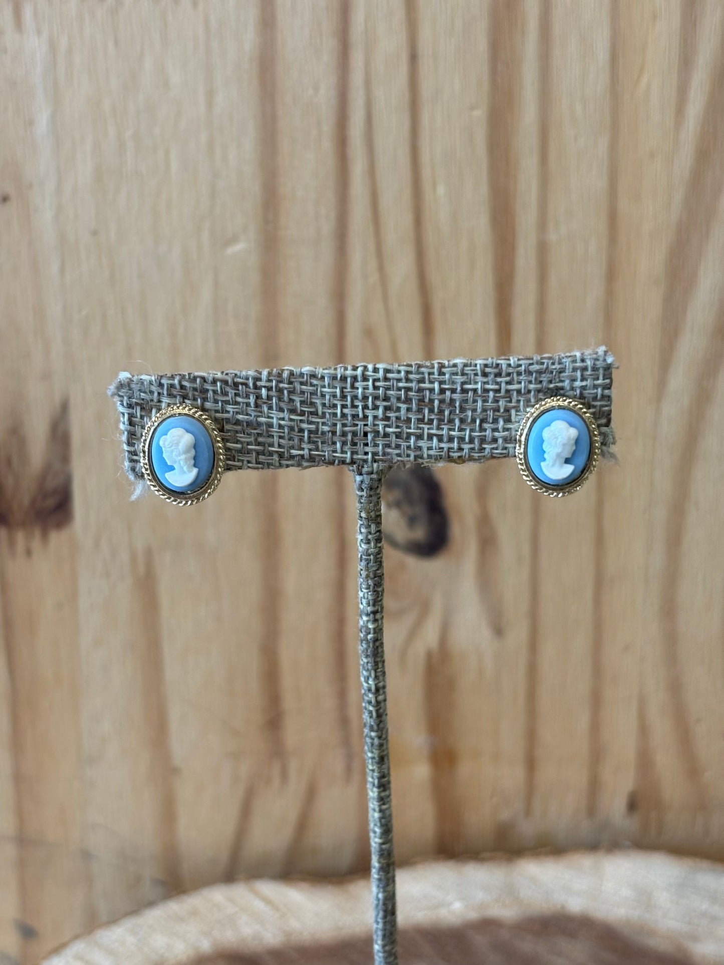 Vtg Blue Cameo Earrings