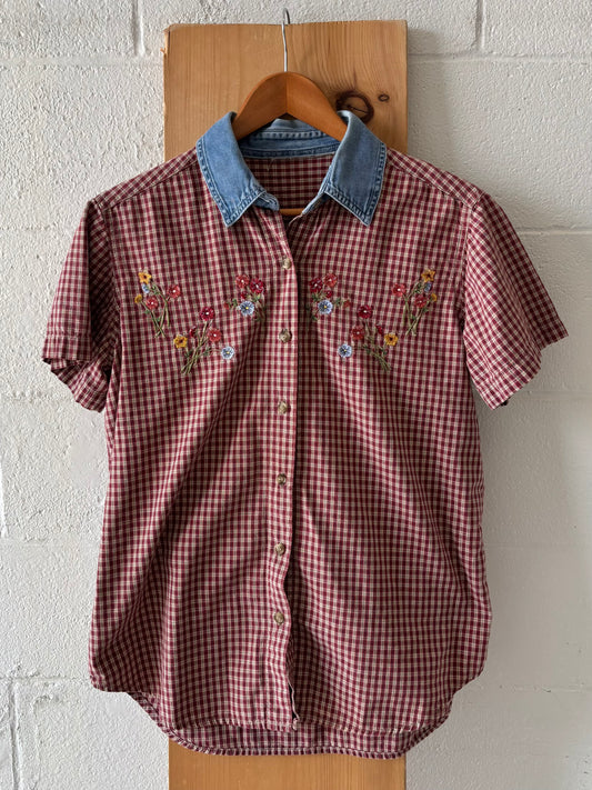 Vtg Plaid Denim Collared Button Up : M/L