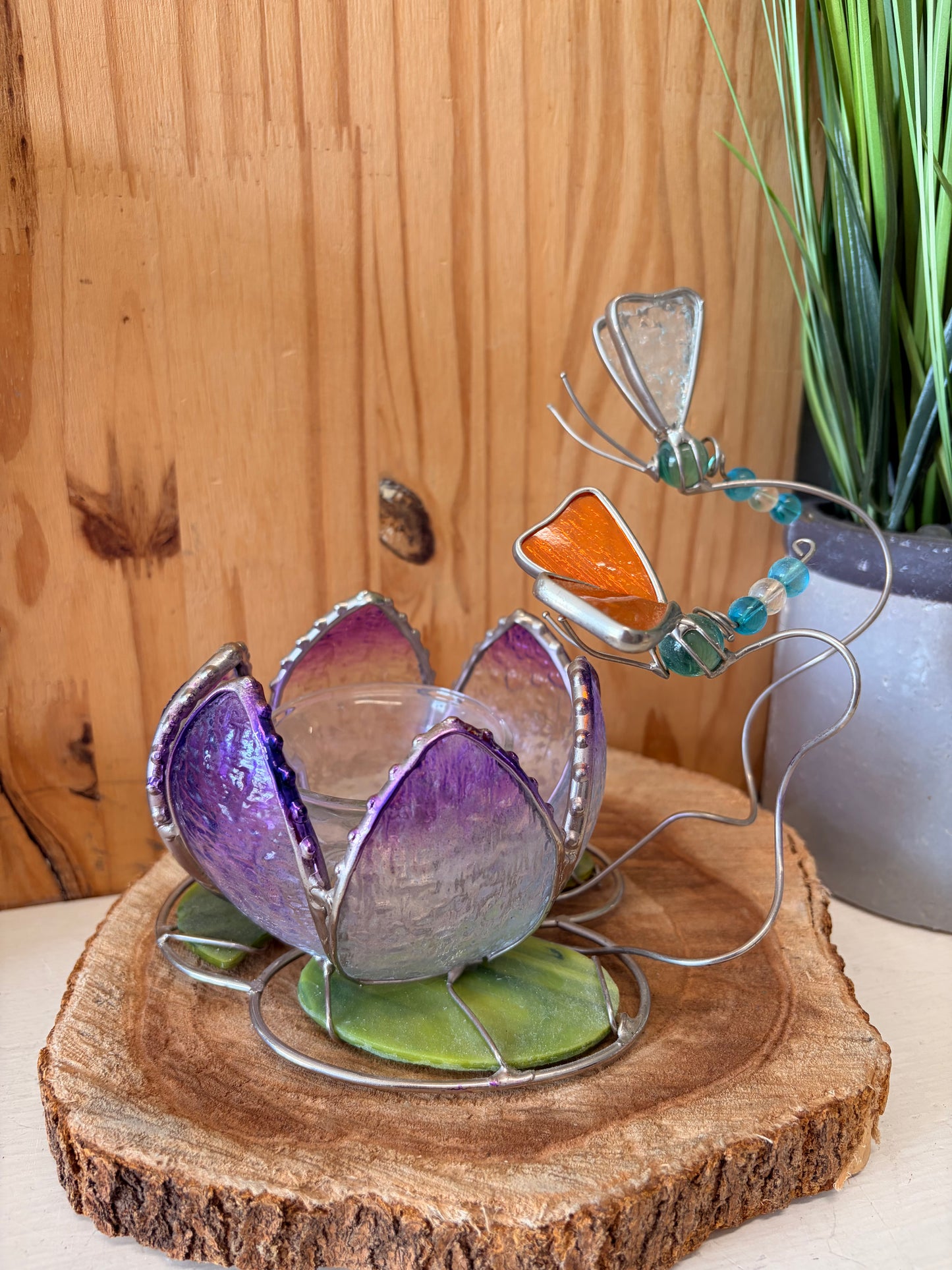 Glass Lotus & Dragonfly Votive Candle Holder (Local Pick Up Only - As Is)