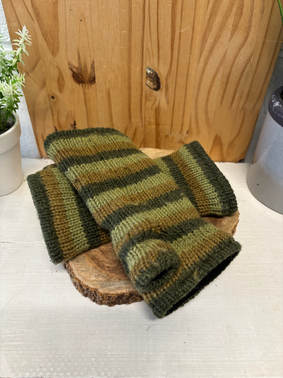 Striped Green Fingerless Wool Gloves