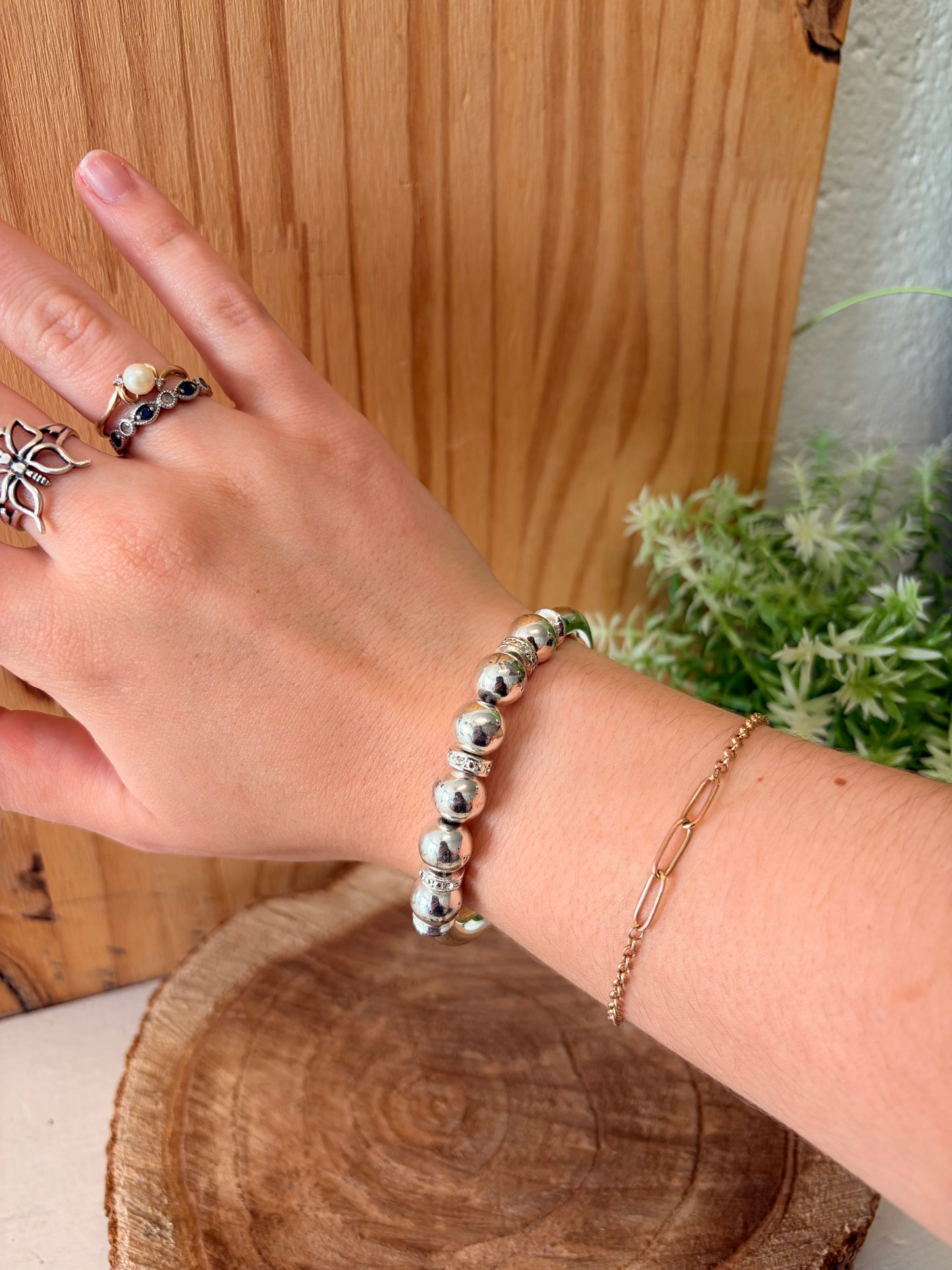 Silver Tone Beaded Bangle Bracelet