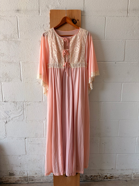 Vtg Pink & White Lace Peignoir Set : M/L