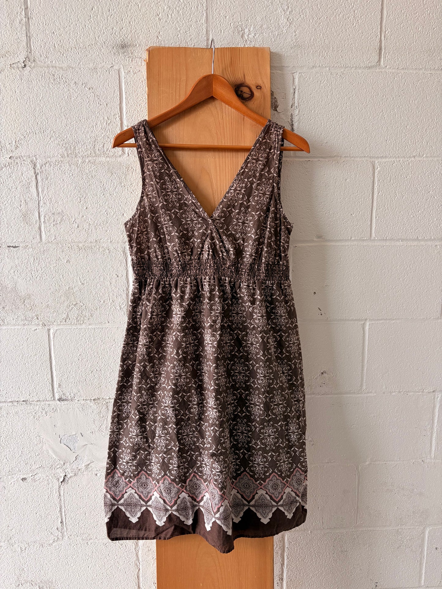 Vtg Brown & Pink Patterned Dress : M
