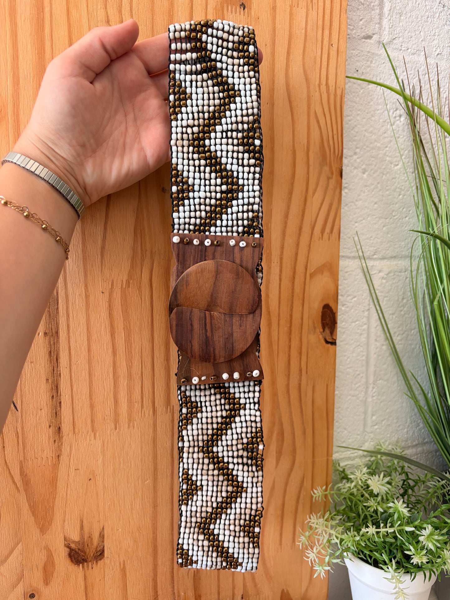 Boho Beaded Wooden Clasp Stretch Belt