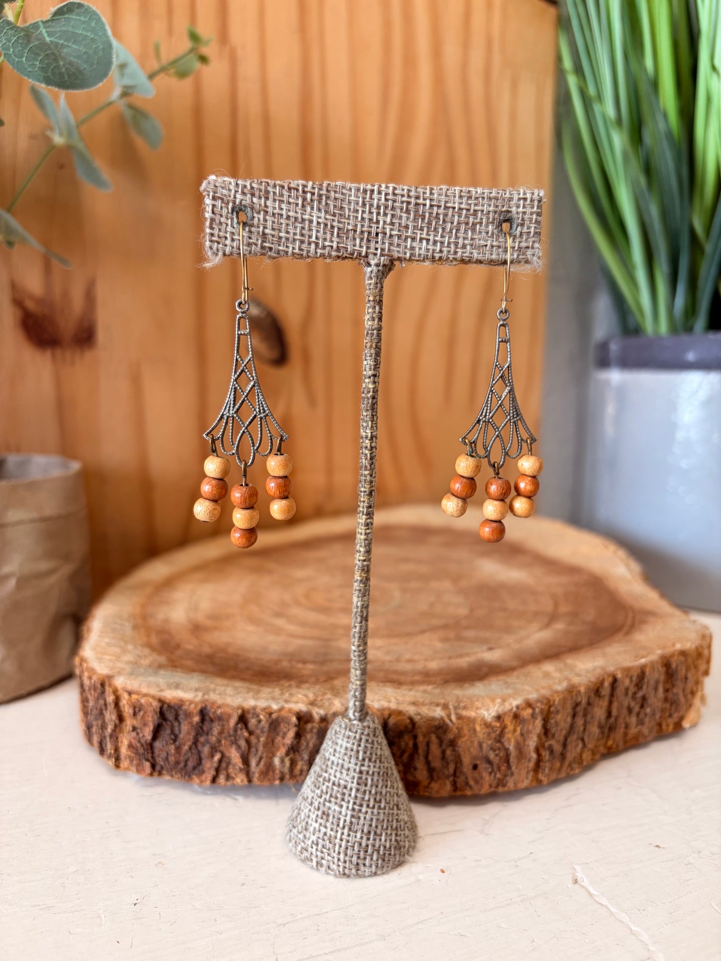 Wooden Beaded Dangle Earrings