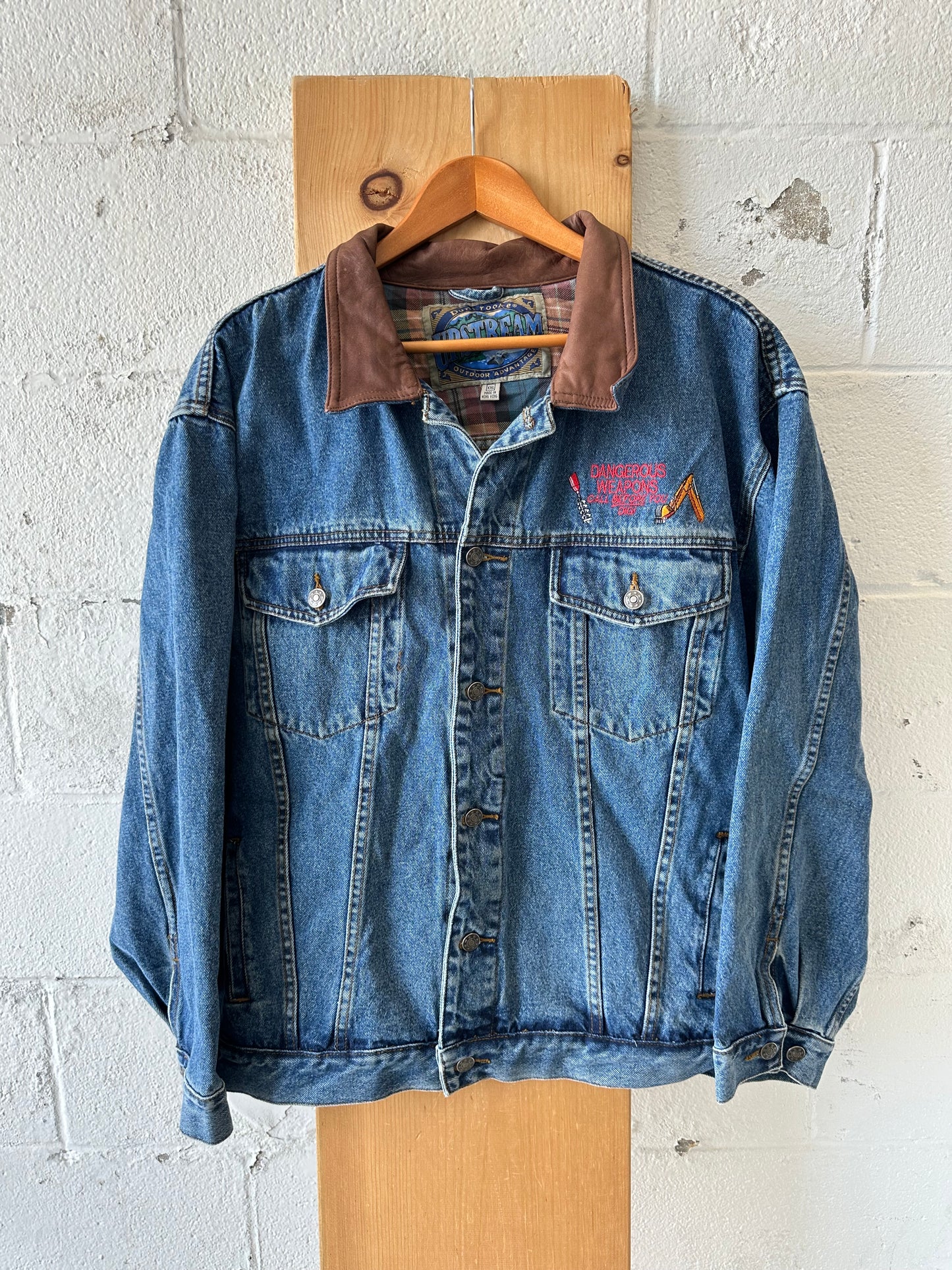 Leather Collar Denim Jacket : XXL