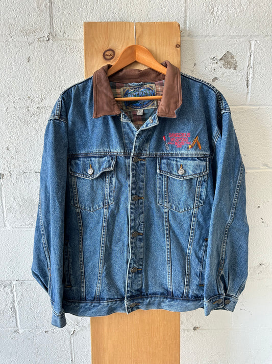 Leather Collar Denim Jacket : XXL