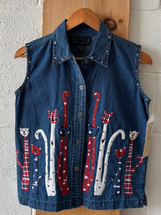 Denim Cat Sleeveless Button Up Top : S