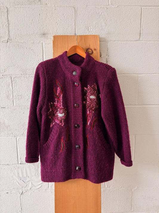 Vtg Plum Embellished Cardigan : L