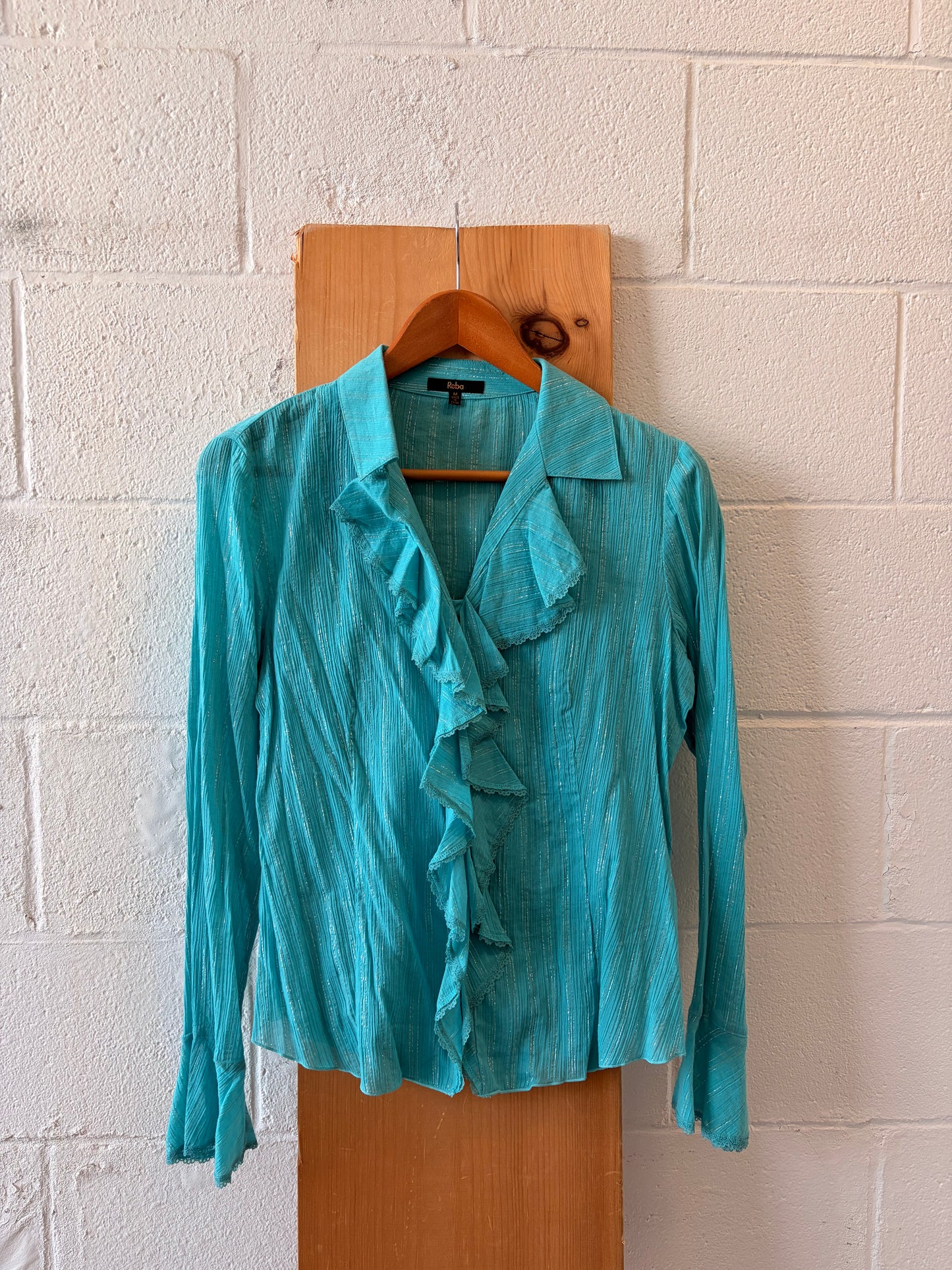 Ruffled Blue & Silver Striped Top : M