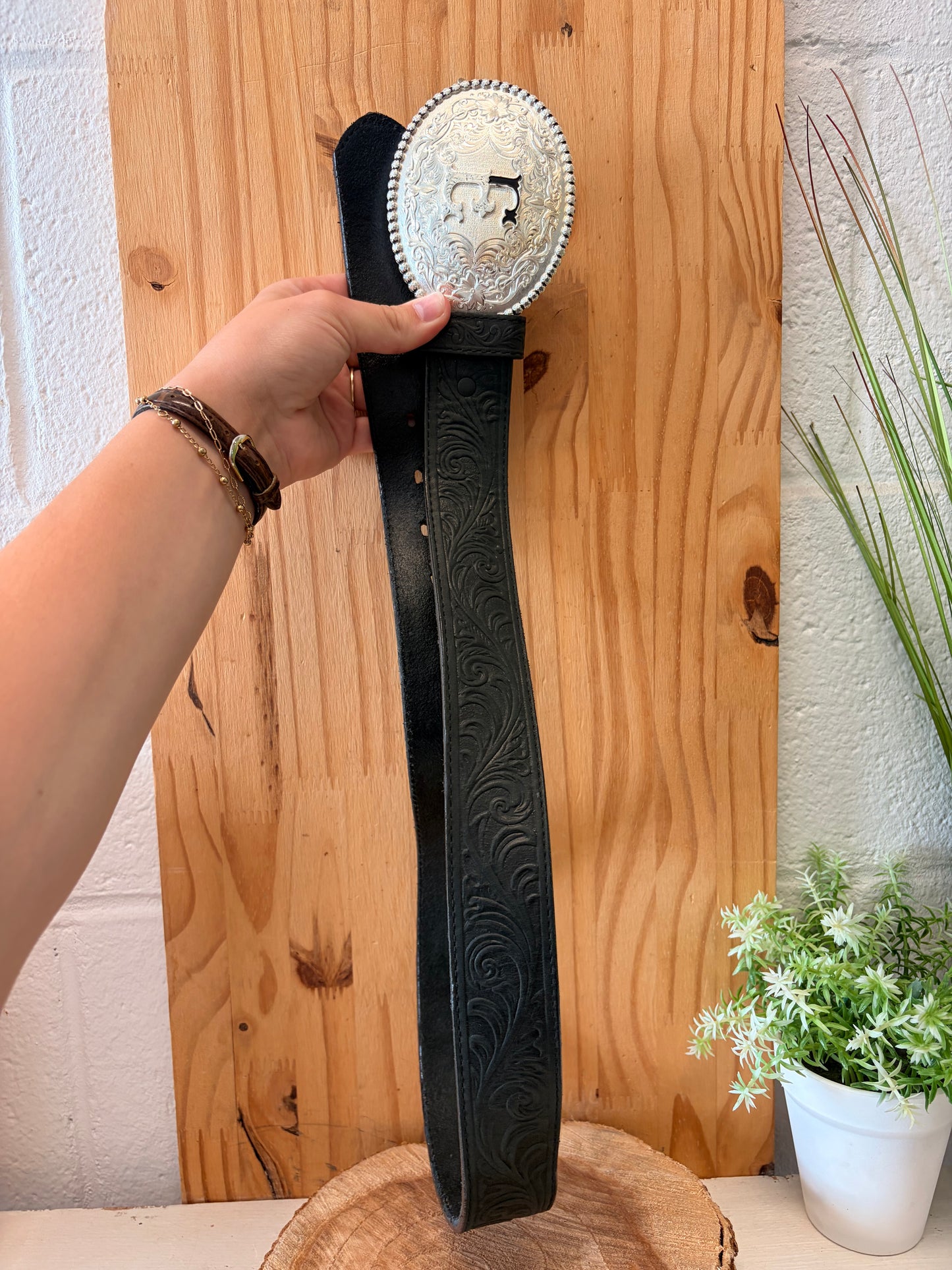 Silver Creek Black Leather “E” Belt : 32