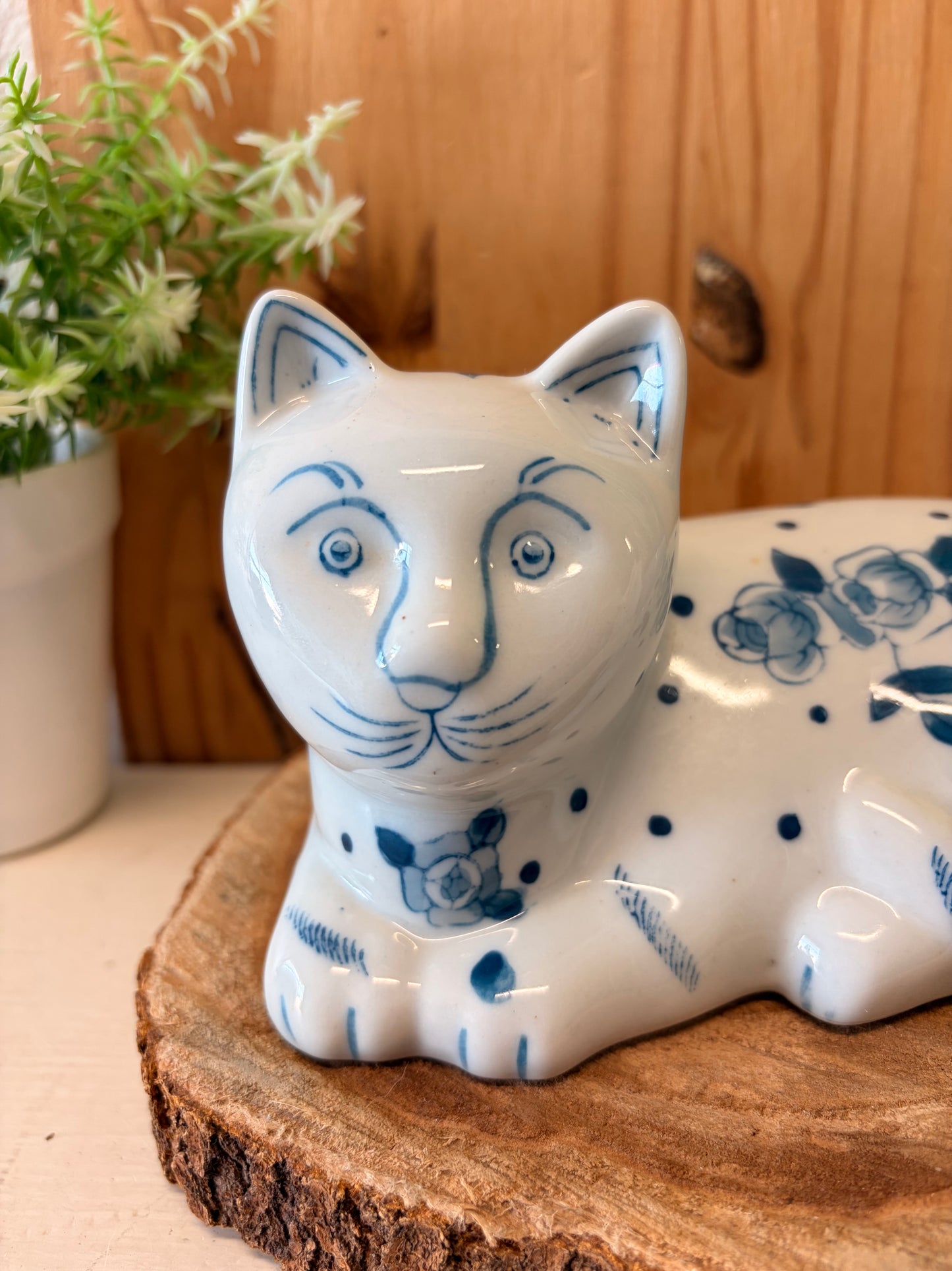 White & Blue Floral Ceramic Cat (Local Pick Up Only)