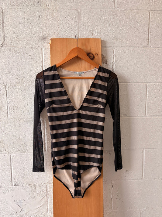 Striped Mesh Sleeved Body Suit : S