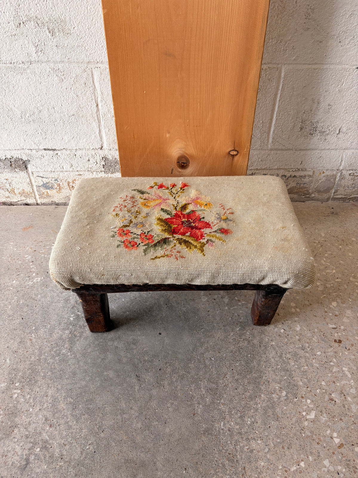 Vtg Floral Embroidered Wooden Footstool (Local Pick Up Only - As Is)