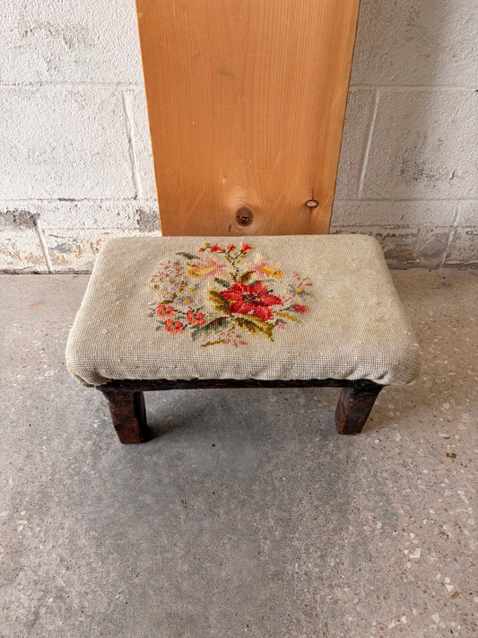 Vtg Floral Embroidered Wooden Footstool (Local Pick Up Only - As Is)