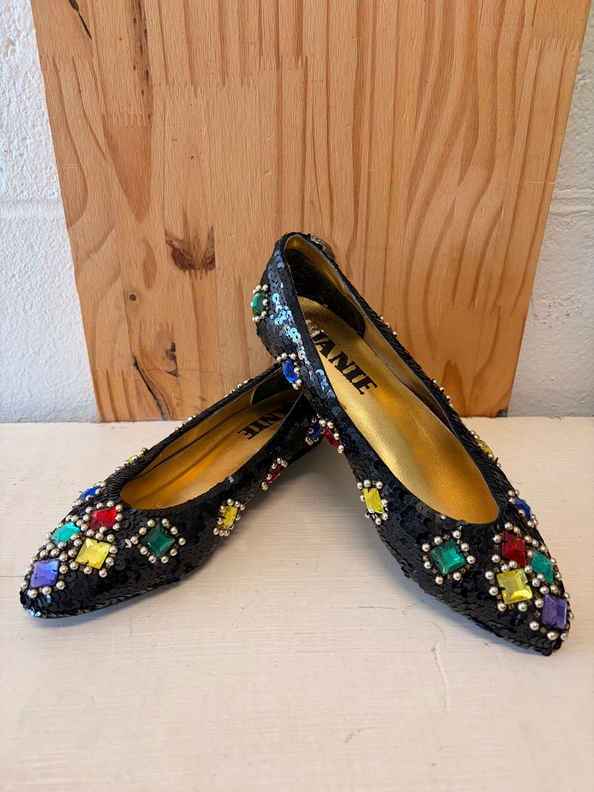 Vtg Sequins Gem Low Wedge Flats : Size 5.5