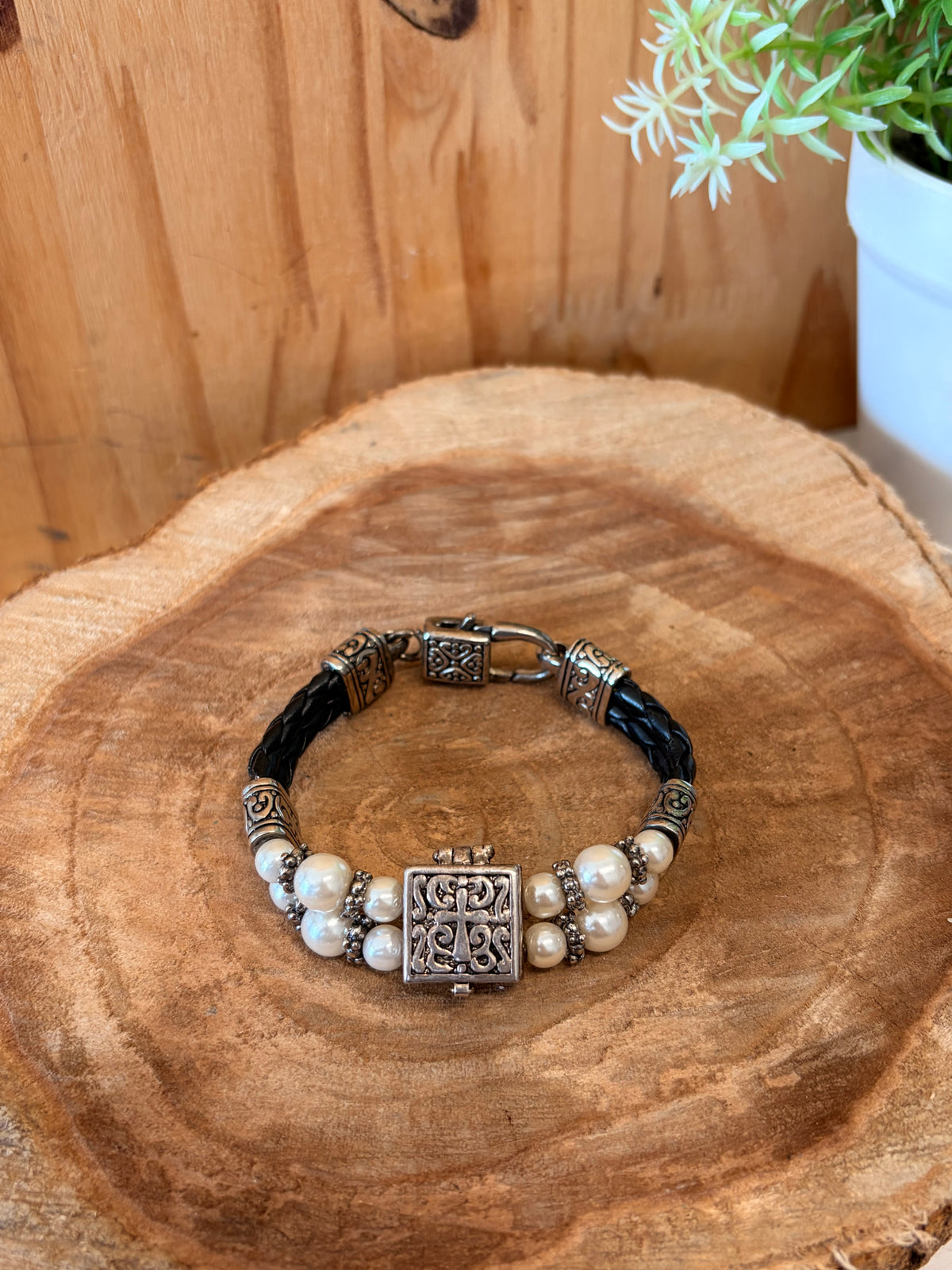 Braided Silver Tone Cross Locket Bracelet